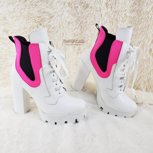 4" Heel Chunky Platform Ankle Boots White Pink - Picture 7 of 9